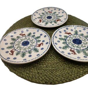 Handmade Polish Pottery Ceramika Boleslawiec 7.25" Salad Plates SetOf3 Reindeer